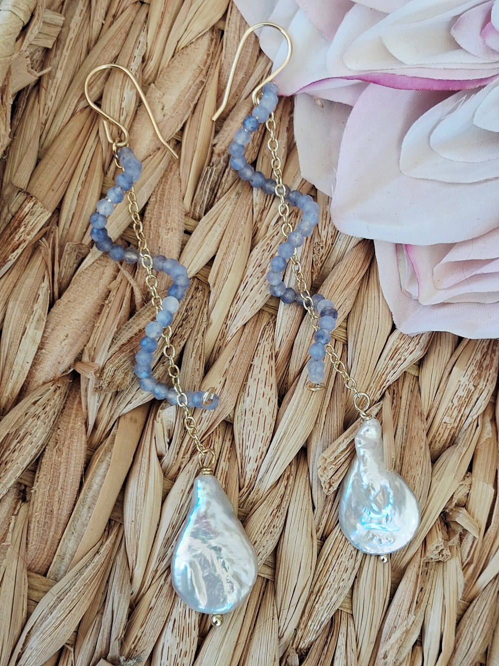 Gold Drop Earrings with Blue Beads and Baroque Pearl
